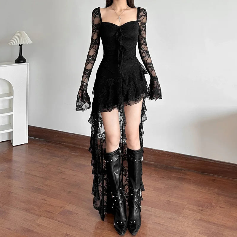 Halloween Carnival Gothic Dress Women Vintage Aesthetic Elegant Sweet Sexy See Through Irregular Hem High Waist Corset Dress