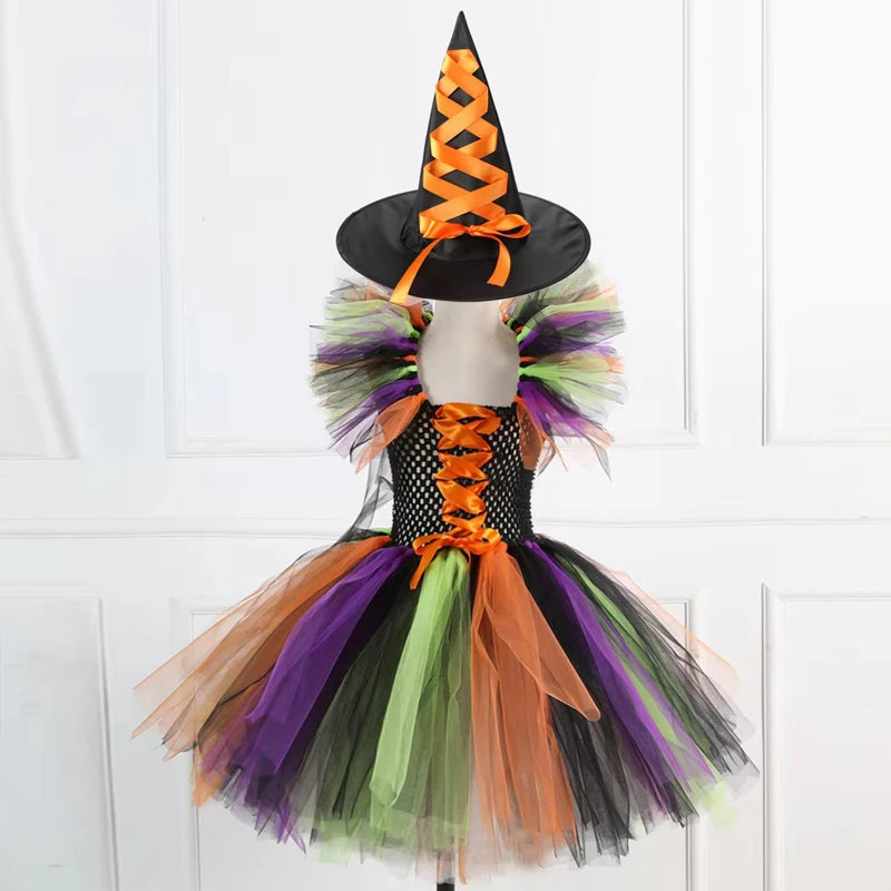 Kids Girls Witch Halloween Costume 3 Color Tulle Tutu Dress With Pointed Witch Hat Children Carnival Party Cosplay Fancy Outfit