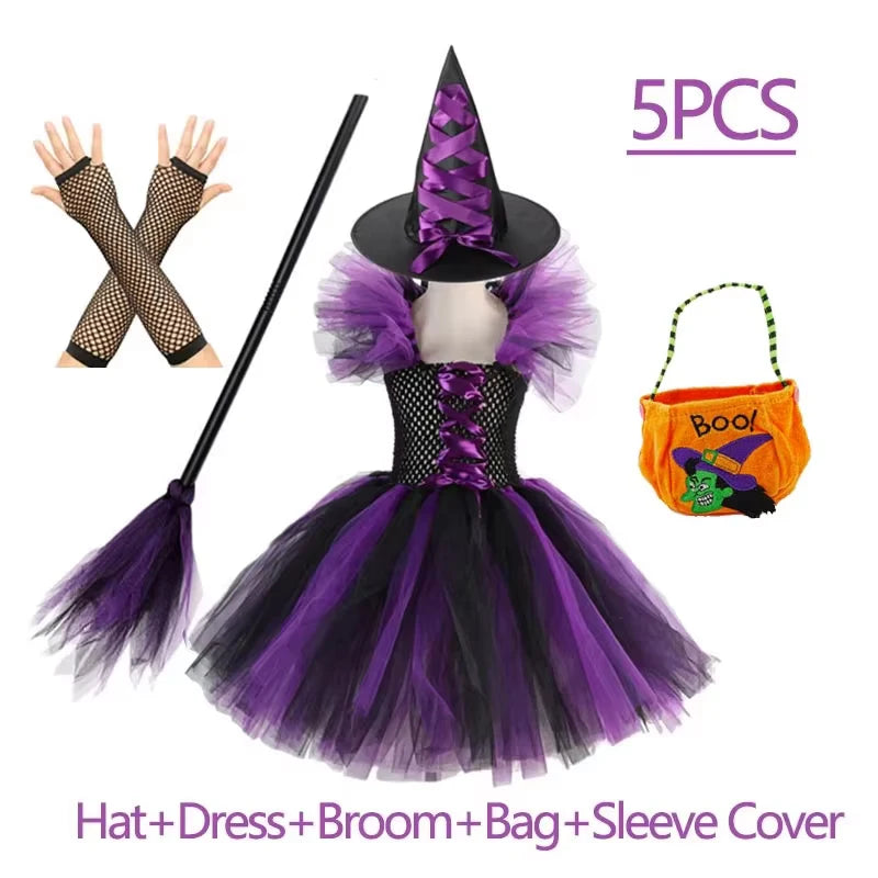 Kids Girls Witch Halloween Costume 3 Color Tulle Tutu Dress With Pointed Witch Hat Children Carnival Party Cosplay Fancy Outfit