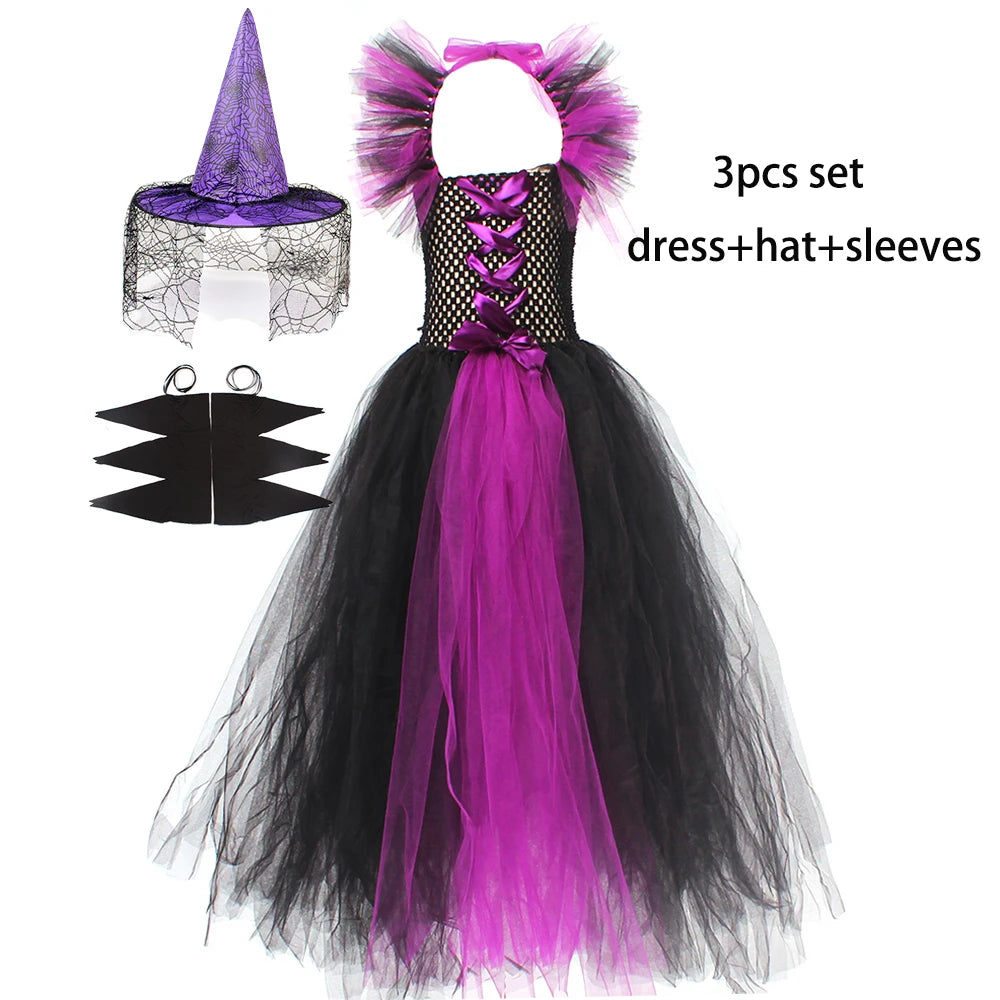 Disguise Girls Hocus Pocus Salem Witch Sisters Costume  Halloween Fancy Gown Tutu Dress With Cape For Cosplay Party Outfit