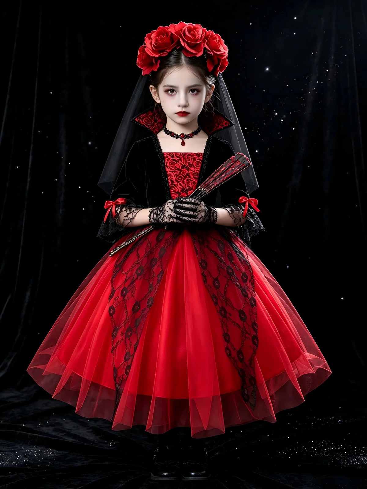 Halloween Girls Gothic Cosplay Dress Kids Dark Party Costume with Veil Gloves Necklace Stockings for Carnival Fancy Dress