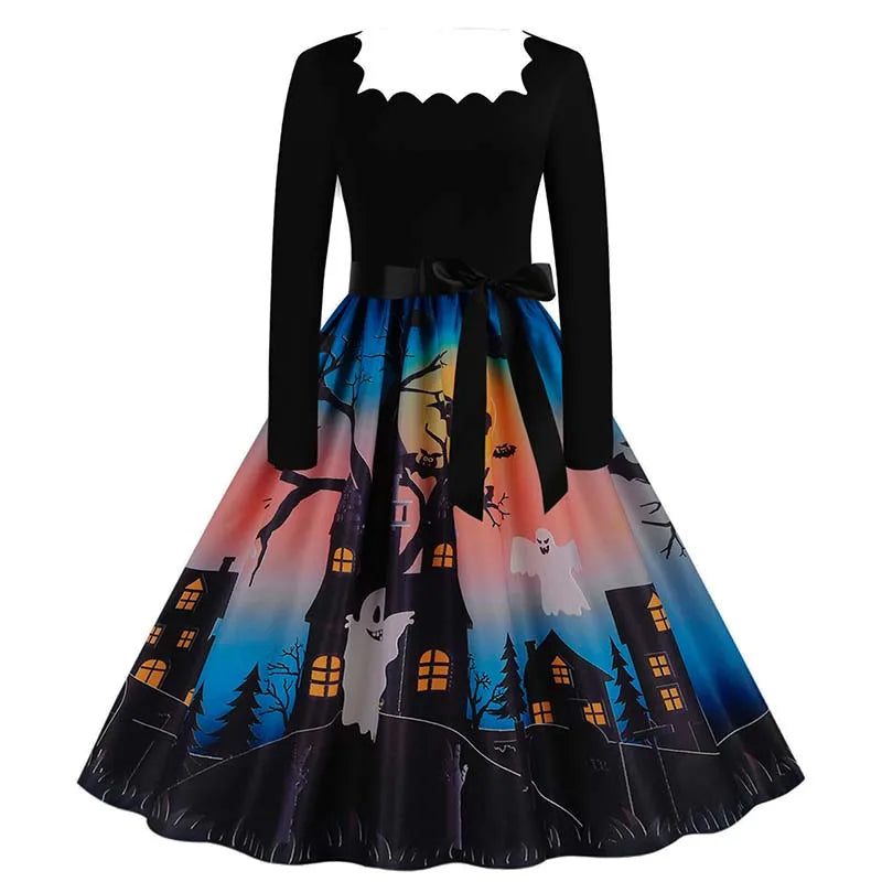 Halloween Dress For Women Square Collar Long Sleeve Print Vintage Evening Party Elegant Autumn Winter Midi Sundress