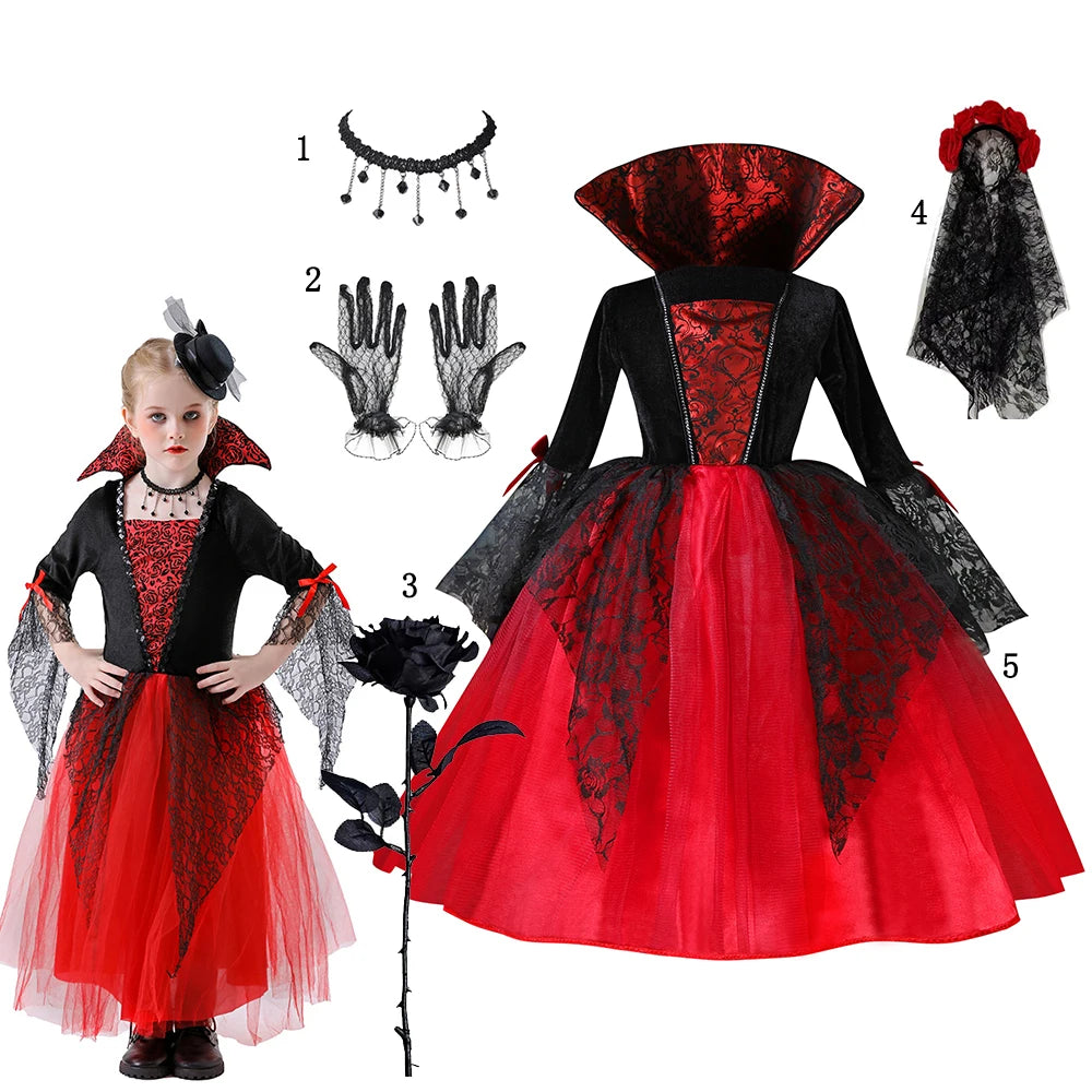 Girls Gothic Vampire Halloween Costume Black Lace Long Dress Rose Hair Jewelry Fan Set Kids Dark Queen Carnival Cosplay Outfit