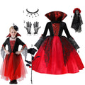 Girls Gothic Vampire Halloween Costume Black Lace Long Dress Rose Hair Jewelry Fan Set Kids Dark Queen Carnival Cosplay Outfit