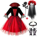 Halloween Girls Gothic Cosplay Dress Kids Dark Party Costume with Veil Gloves Necklace Stockings for Carnival Fancy Dress
