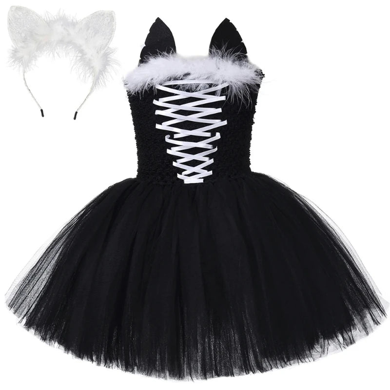 Little Girls' Black Cat Pattern Dresses, Toddler Performance Outfits, Kids' Birthday Party Clothes, Carnival & Halloween Dress