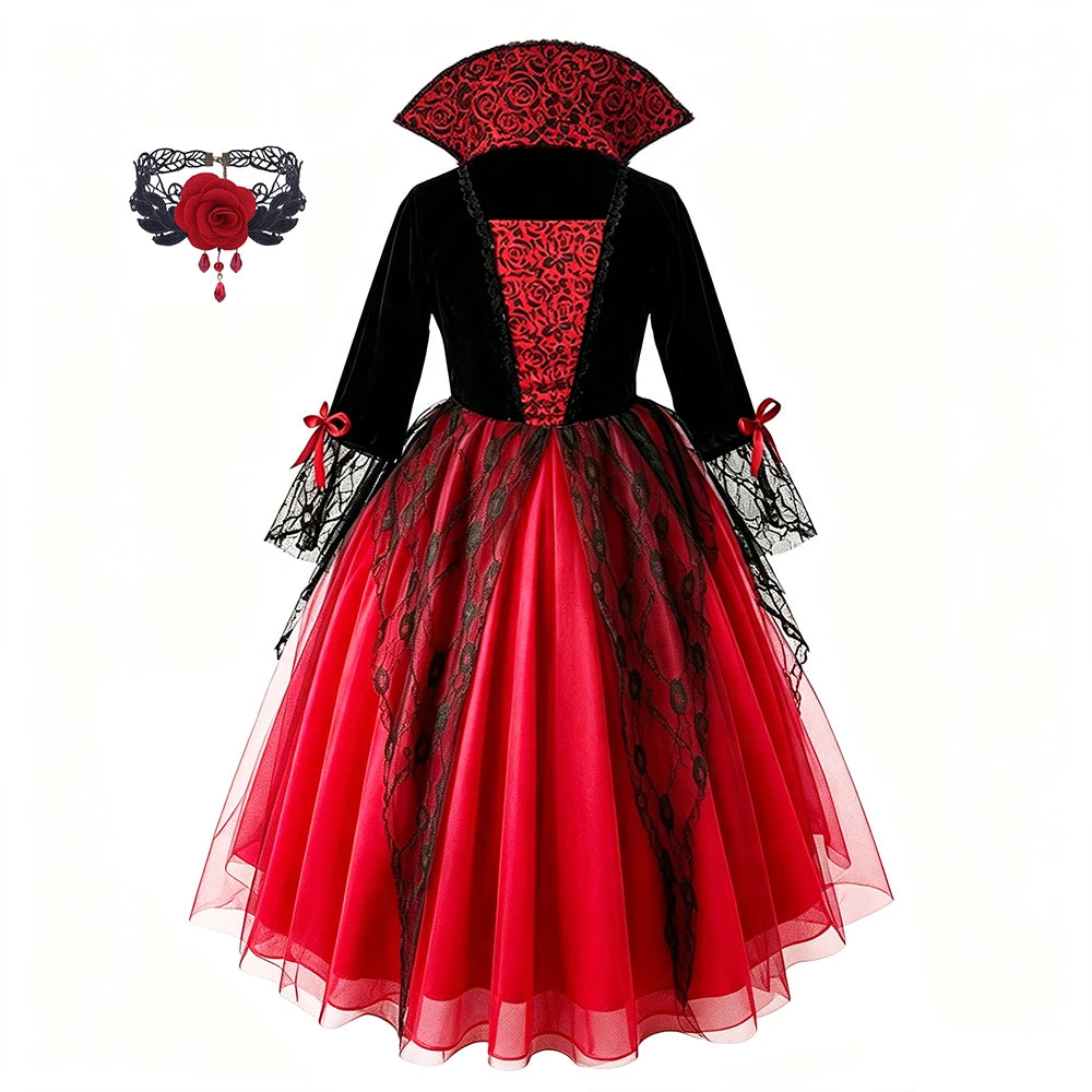 Girls Ghost Bride Halloween Costume Red Lace Dress Kids Horror Phantom Bride Cosplay Gown for Carnival Masquerade Fancy Party