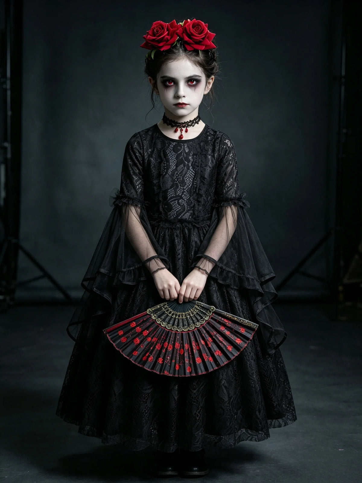 Girls Gothic Vampire Halloween Costume Black Lace Long Dress Rose Hair Jewelry Fan Set Kids Dark Queen Carnival Cosplay Outfit