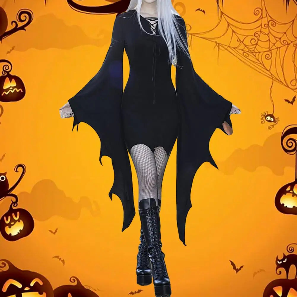 Halloween Dress Long Batwing Sleeve Solid Color Dark Style Irregular Cuff Lace Up Sheath Knee Length Halloween Party Costume