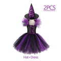 Kids Girls Witch Halloween Costume 3 Color Tulle Tutu Dress With Pointed Witch Hat Children Carnival Party Cosplay Fancy Outfit