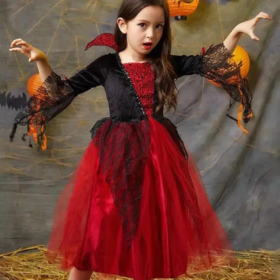 Halloween Girls Gothic Cosplay Dress Kids Dark Party Costume with Veil Gloves Necklace Stockings for Carnival Fancy Dress