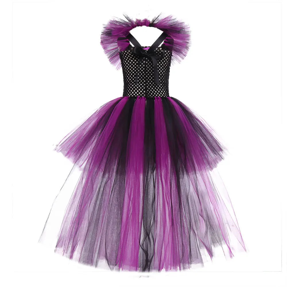 Halloween Girls Deluxe Purple Trailing Mesh Dress Kids Evil Queen Witch Cosplay Costume for Carnival Party Fancy Dress Up
