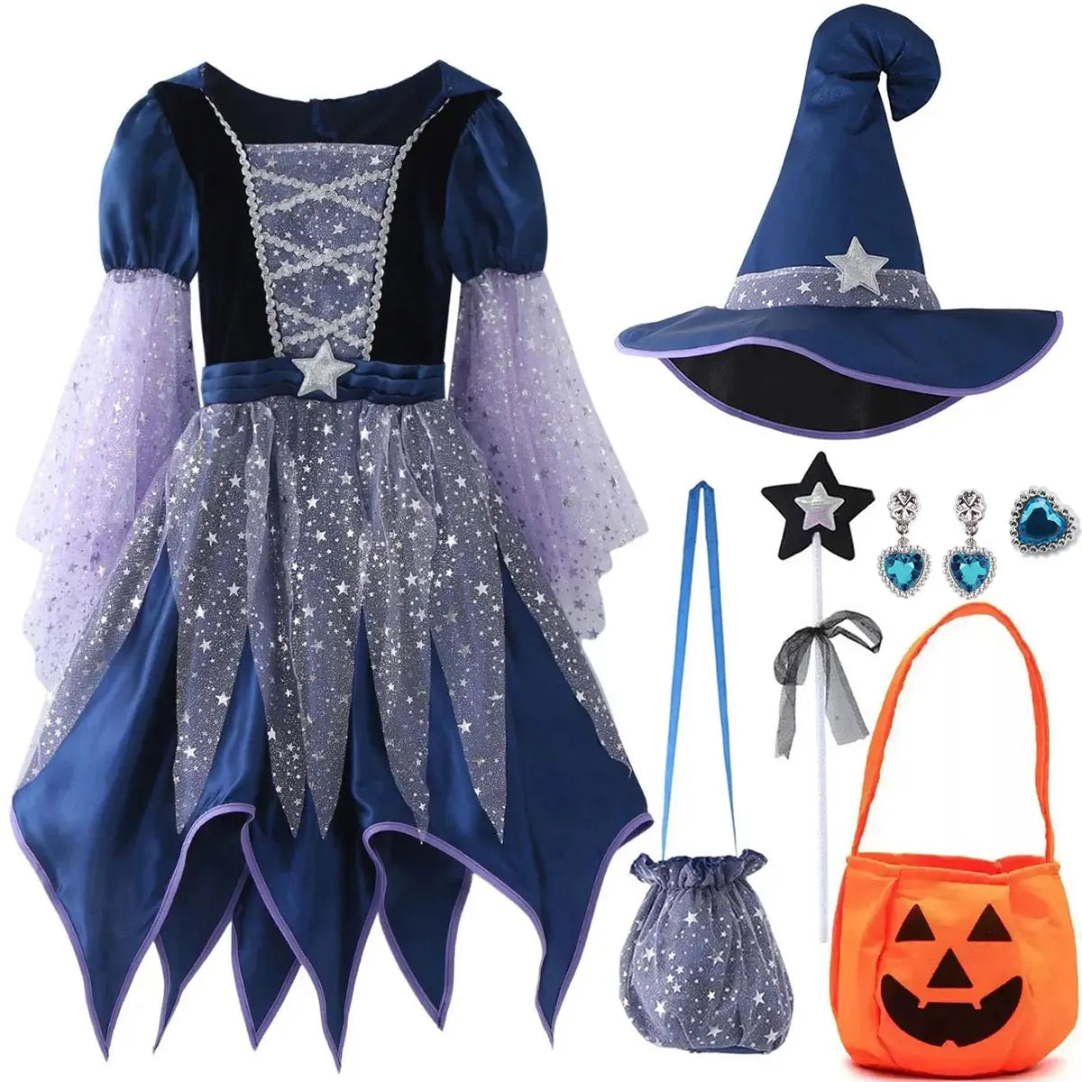 Halloween Girl Plays Witch Blue Cute Dress and Comes With Witch Hat Magic Wand Bag Four-piece Set Birthday Party Carnival Dress