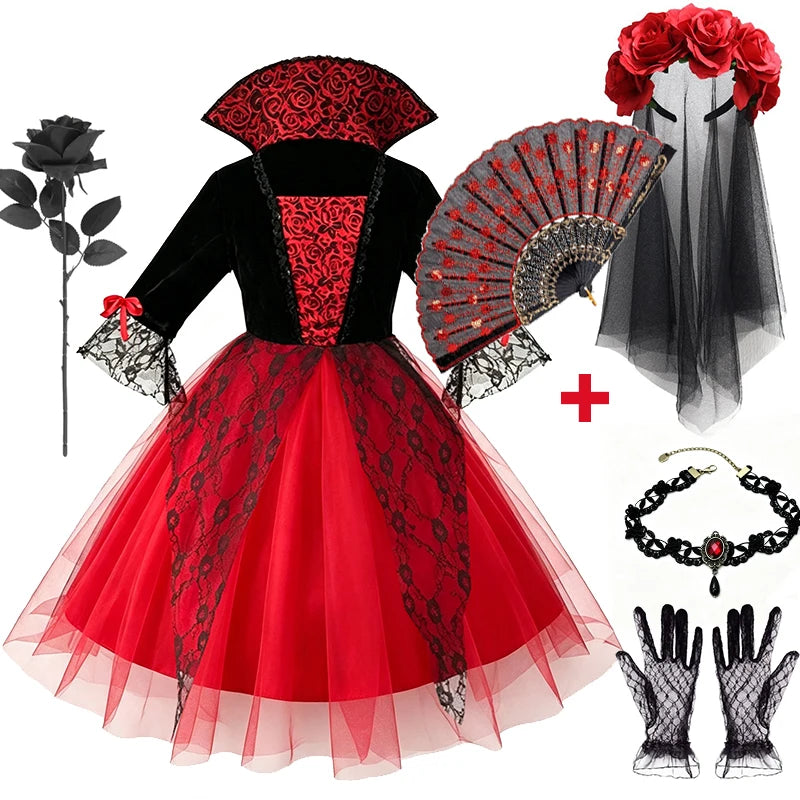 Halloween Girls Gothic Cosplay Dress Kids Dark Party Costume with Veil Gloves Necklace Stockings for Carnival Fancy Dress