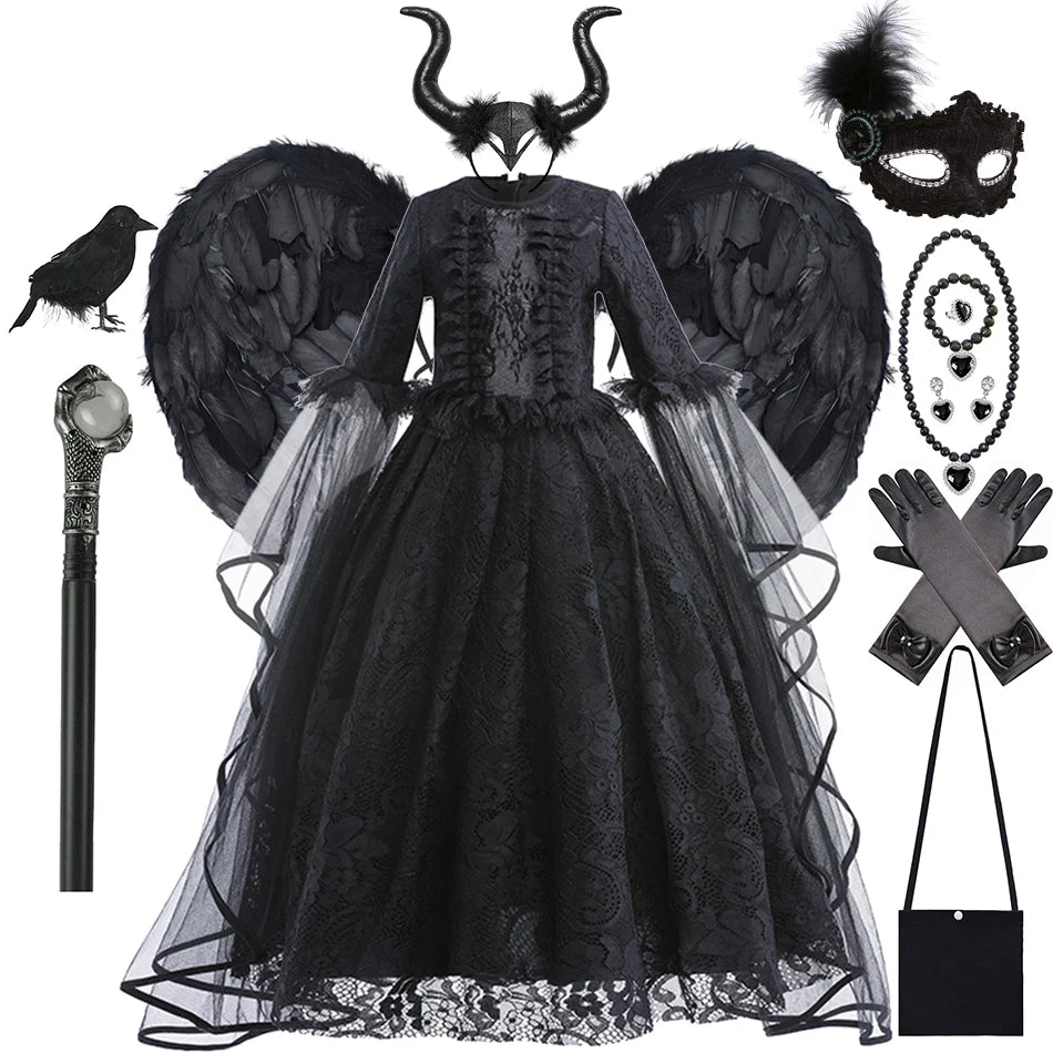 Halloween Dress For Girls Evil Witch Cosplay Costumes Children Lace Ruffles Floor Length Outfits Kids Carnival Festival Frocks