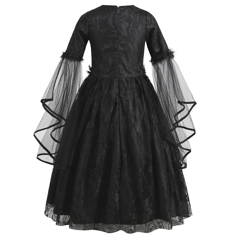 Girls Gothic Vampire Halloween Costume Black Lace Long Dress Rose Hair Jewelry Fan Set Kids Dark Queen Carnival Cosplay Outfit
