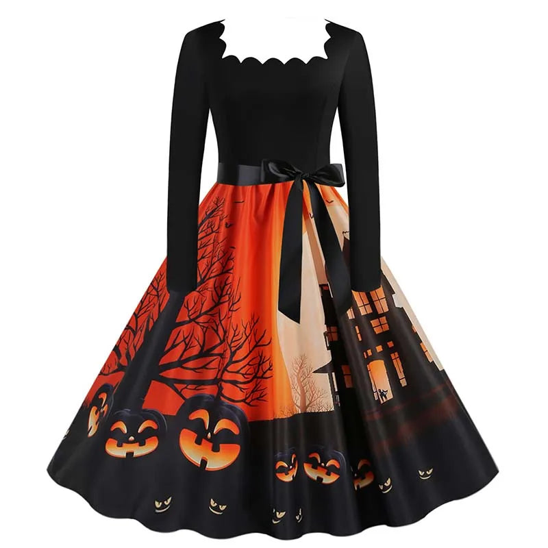 Halloween Dress For Women Square Collar Long Sleeve Print Vintage Evening Party Elegant Autumn Winter Midi Sundress