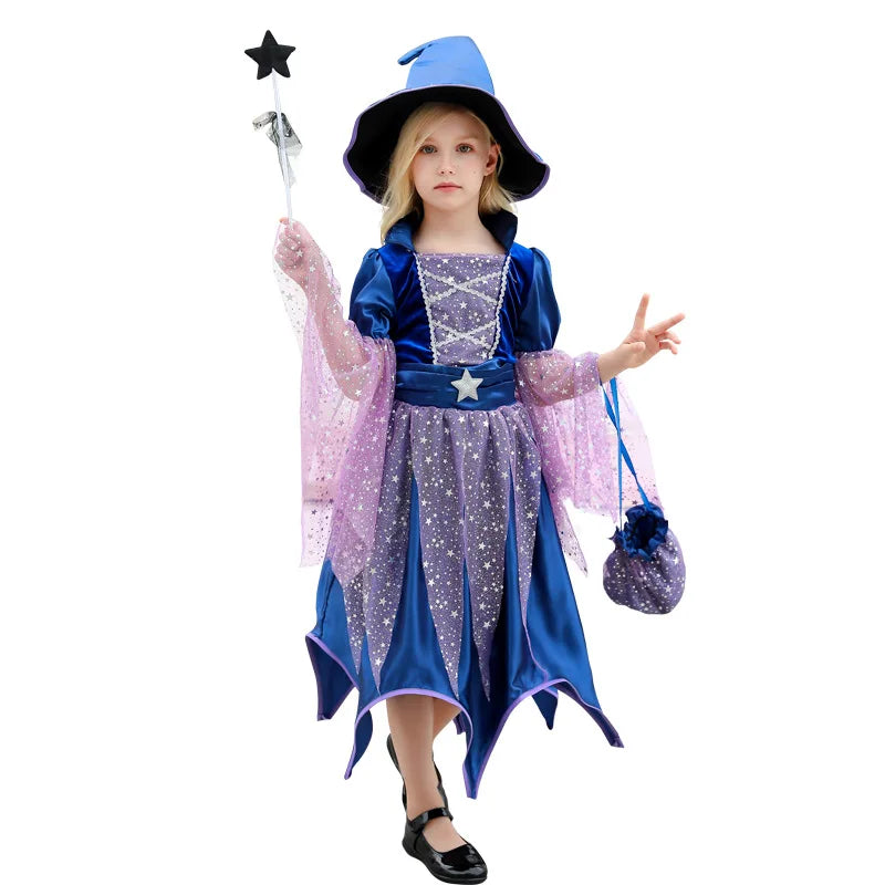 Halloween Girl Plays Witch Blue Cute Dress and Comes With Witch Hat Magic Wand Bag Four-piece Set Birthday Party Carnival Dress