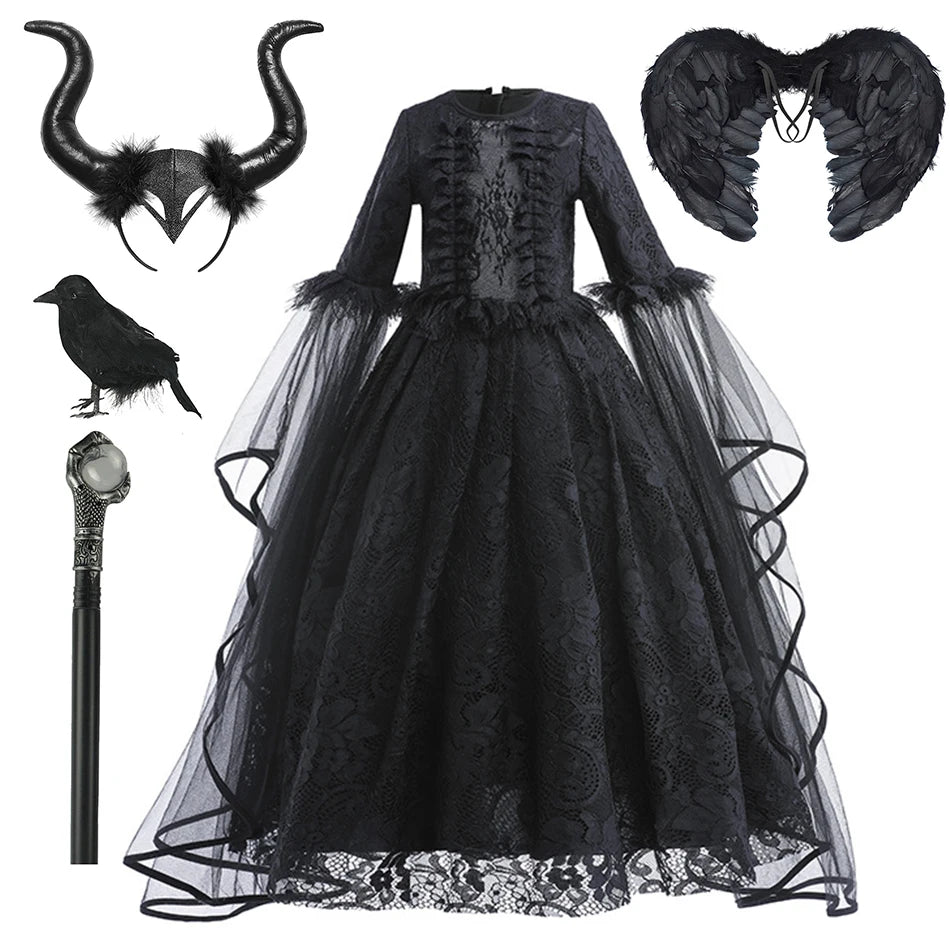 Halloween Dress For Girls Evil Witch Cosplay Costumes Children Lace Ruffles Floor Length Outfits Kids Carnival Festival Frocks