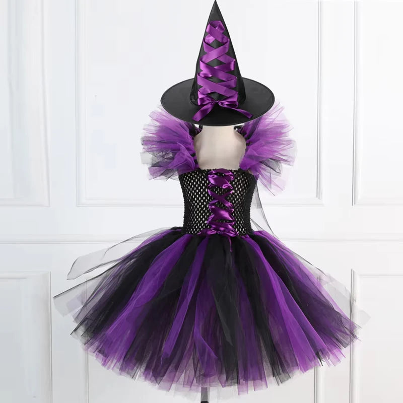 Kids Girls Witch Halloween Costume 3 Color Tulle Tutu Dress With Pointed Witch Hat Children Carnival Party Cosplay Fancy Outfit