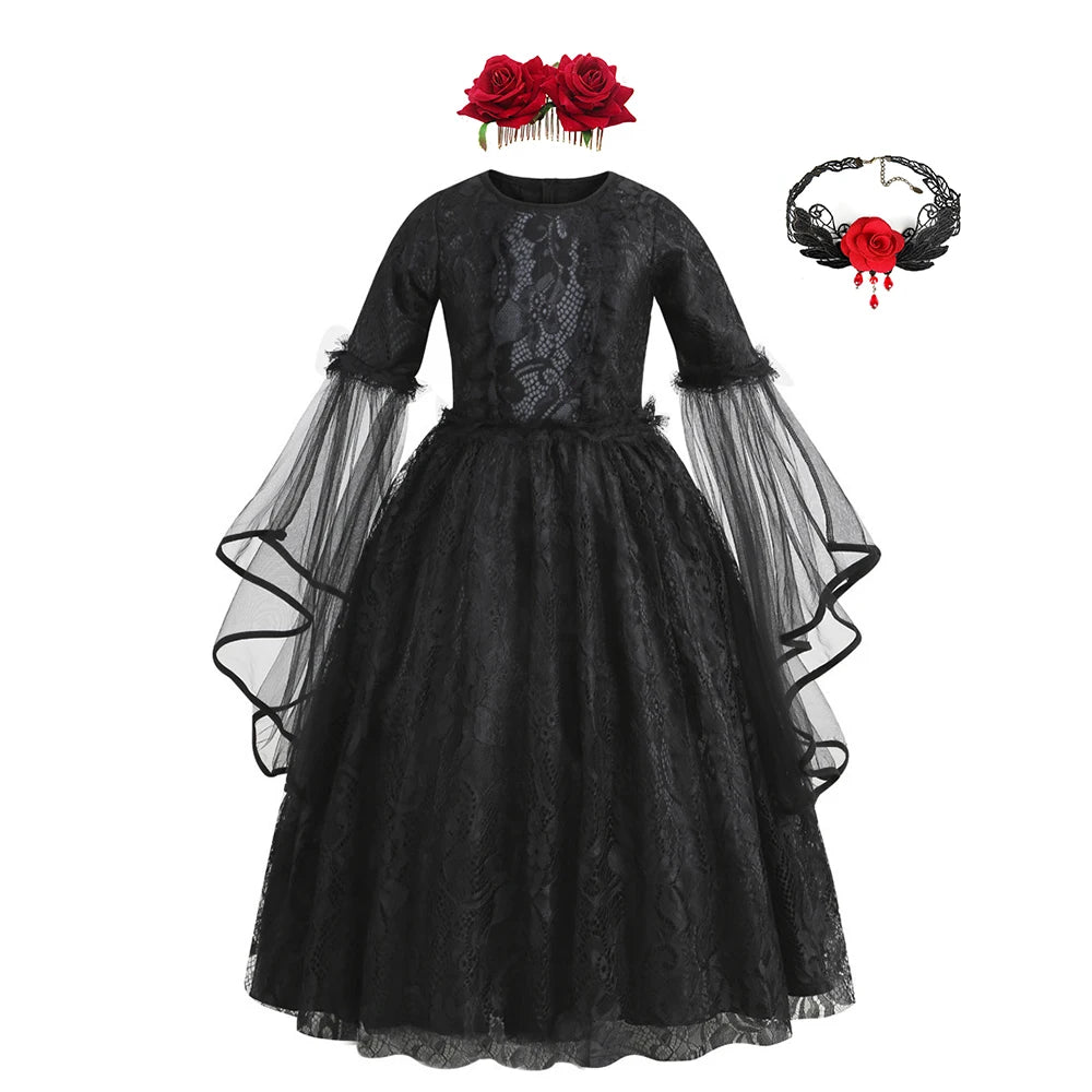 Girls Gothic Vampire Halloween Costume Black Lace Long Dress Rose Hair Jewelry Fan Set Kids Dark Queen Carnival Cosplay Outfit