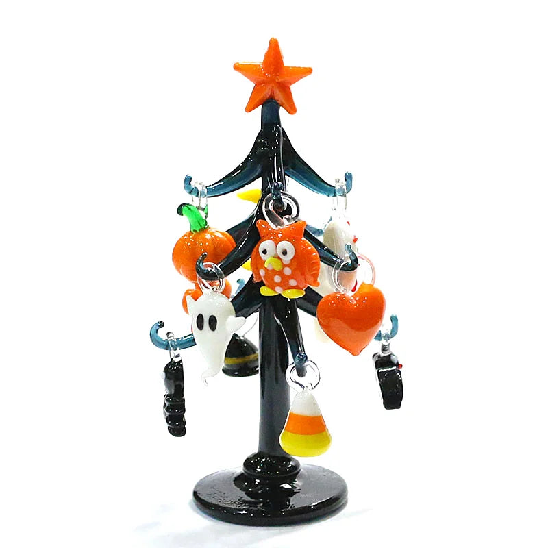 Halloween Decor Cute Glass Tree Figurine Ornaments with Mini Owl Spider Bat Pumpkin Cross Ghost Evil Eye Heart Moon Hat Pendant