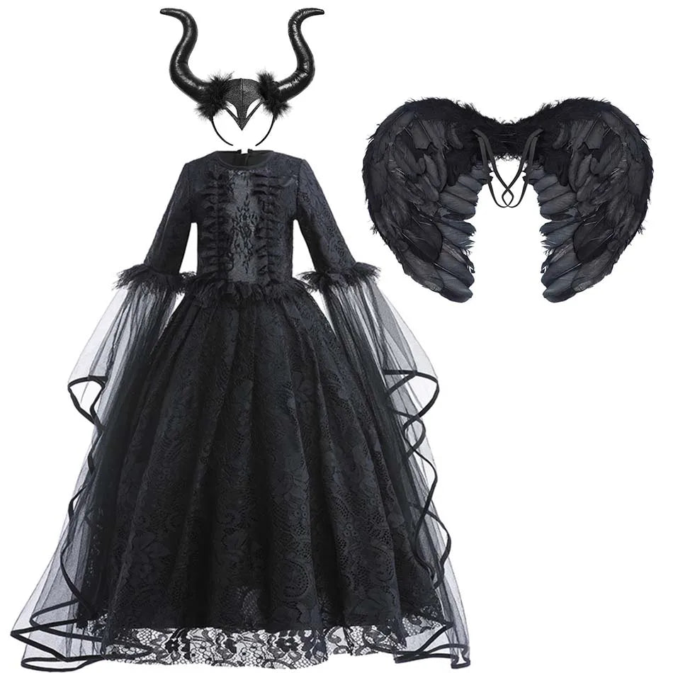 Halloween Dress For Girls Evil Witch Cosplay Costumes Children Lace Ruffles Floor Length Outfits Kids Carnival Festival Frocks