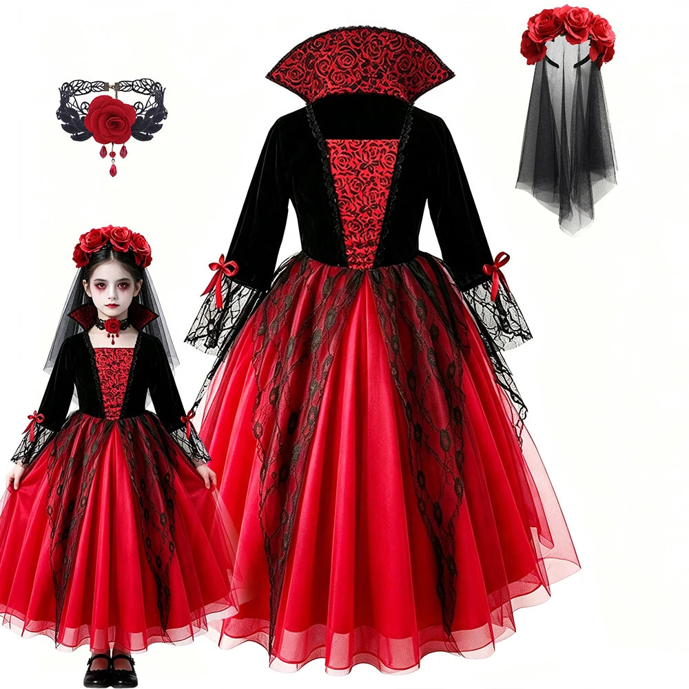 Girls Ghost Bride Halloween Costume Red Lace Dress Kids Horror Phantom Bride Cosplay Gown for Carnival Masquerade Fancy Party