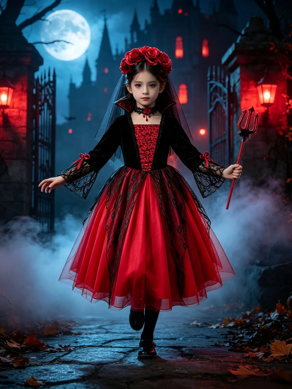 Girls Ghost Bride Halloween Costume Red Lace Dress Kids Horror Phantom Bride Cosplay Gown for Carnival Masquerade Fancy Party