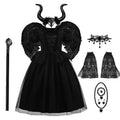 Kids Maleficent Costume Set Girls Evil Queen Outfit Deluxe Black Tulle Dress with Accessories for Carnival Party Role Play