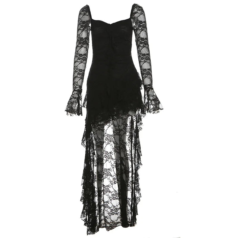 Halloween Carnival Gothic Dress Women Vintage Aesthetic Elegant Sweet Sexy See Through Irregular Hem High Waist Corset Dress
