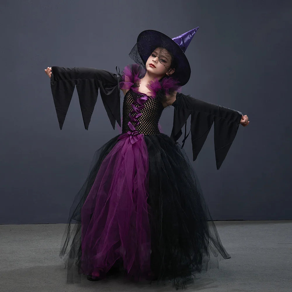 Disguise Girls Hocus Pocus Salem Witch Sisters Costume  Halloween Fancy Gown Tutu Dress With Cape For Cosplay Party Outfit