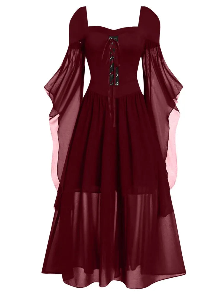 Halloween Witch Cosplay Costumes Gothic Off Shoulder Lace-up Maxi Dresses Bandage Mesh Sheer Black Long Party Dress For Women