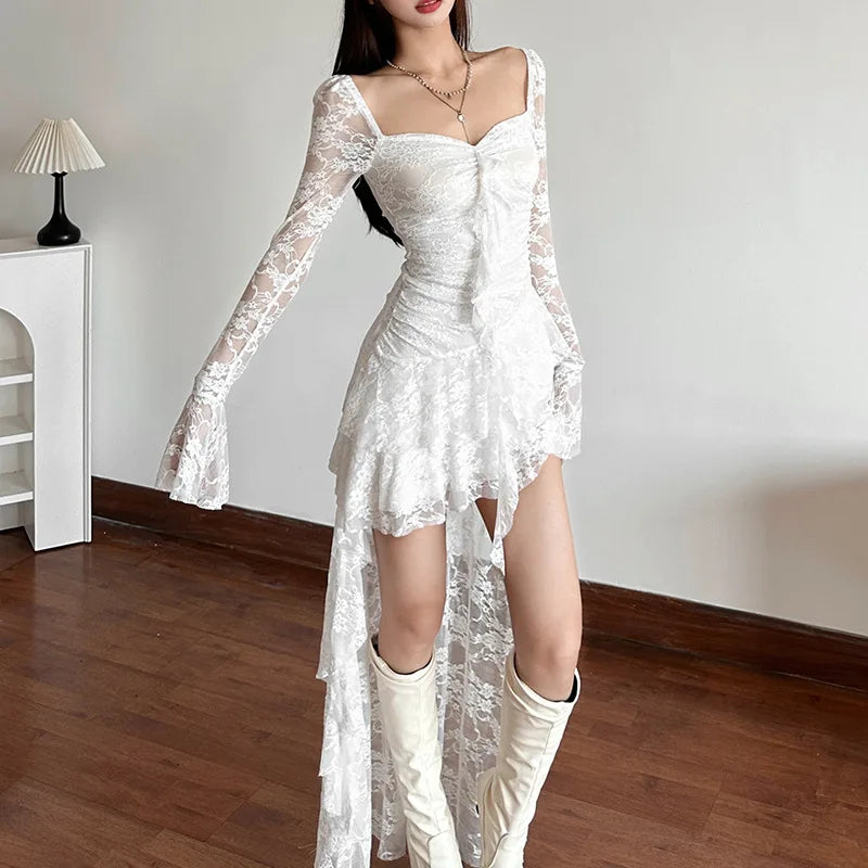 Halloween Carnival Gothic Dress Women Vintage Aesthetic Elegant Sweet Sexy See Through Irregular Hem High Waist Corset Dress