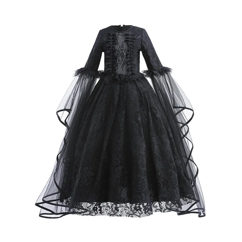 Halloween Dress For Girls Evil Witch Cosplay Costumes Children Lace Ruffles Floor Length Outfits Kids Carnival Festival Frocks