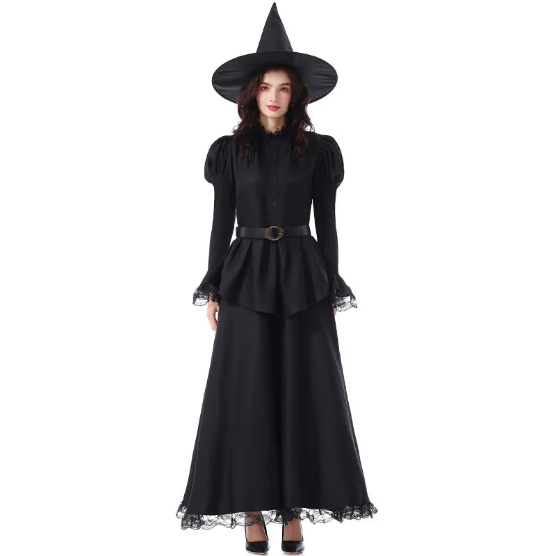 Halloween Witch Costume Women Gothic Lace Dress Sorceress Outfit Party Cosplay Stage Performance Magic Robe Carnival Clothing
