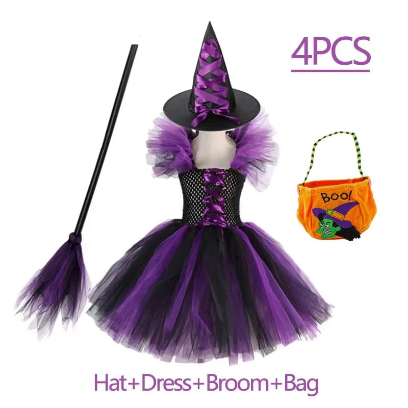 Kids Girls Witch Halloween Costume 3 Color Tulle Tutu Dress With Pointed Witch Hat Children Carnival Party Cosplay Fancy Outfit