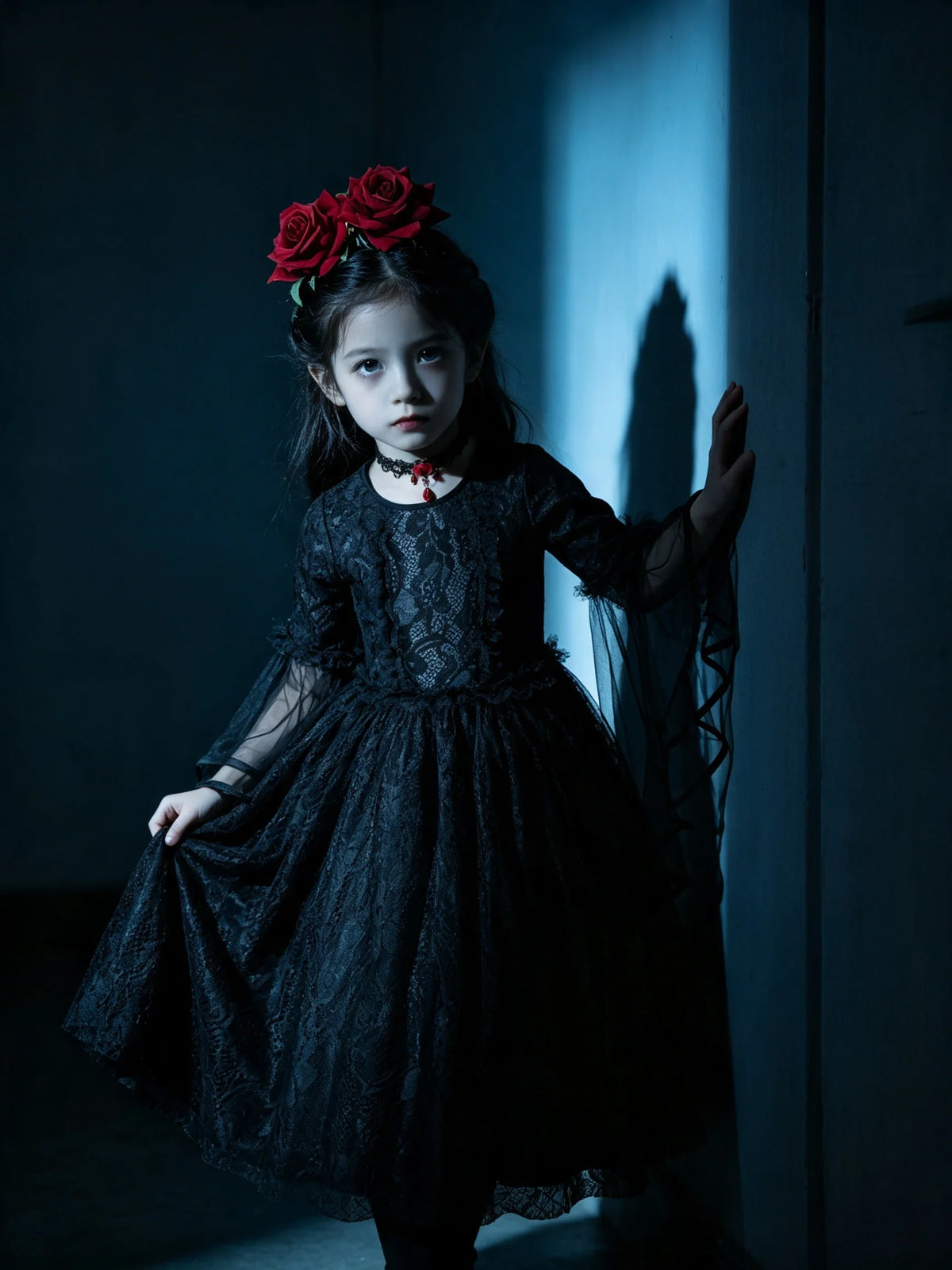 Girls Gothic Vampire Halloween Costume Black Lace Long Dress Rose Hair Jewelry Fan Set Kids Dark Queen Carnival Cosplay Outfit