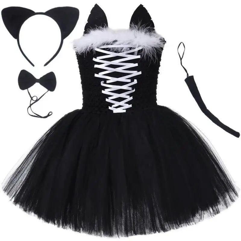 Little Girls' Black Cat Pattern Dresses, Toddler Performance Outfits, Kids' Birthday Party Clothes, Carnival & Halloween Dress