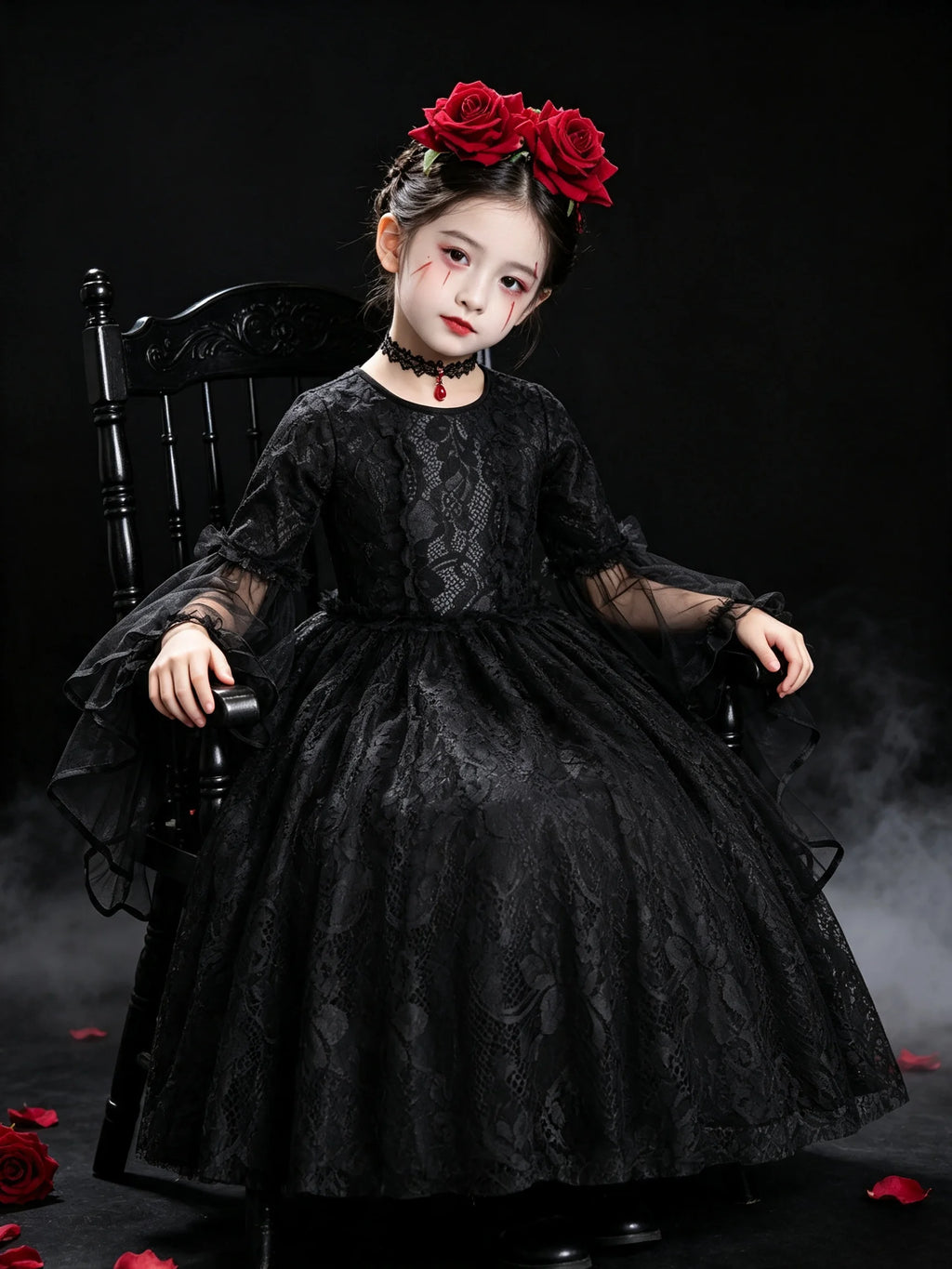 Girls Gothic Vampire Halloween Costume Black Lace Long Dress Rose Hair Jewelry Fan Set Kids Dark Queen Carnival Cosplay Outfit