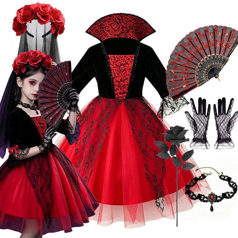 Halloween Girls Gothic Cosplay Dress Kids Dark Party Costume with Veil Gloves Necklace Stockings for Carnival Fancy Dress