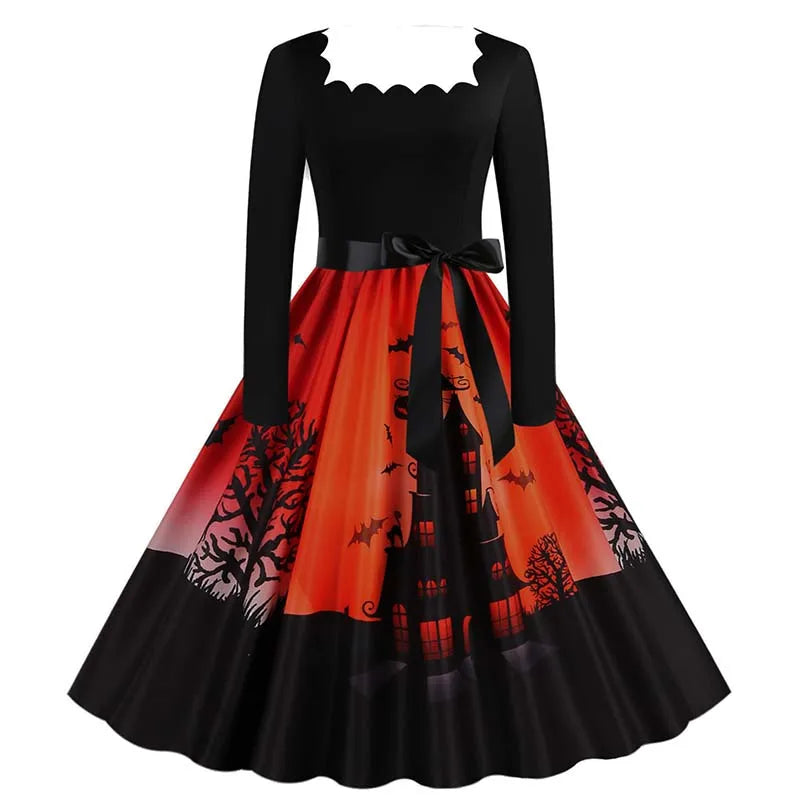 Halloween Dress For Women Square Collar Long Sleeve Print Vintage Evening Party Elegant Autumn Winter Midi Sundress