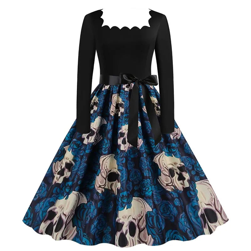 Halloween Dress For Women Square Collar Long Sleeve Print Vintage Evening Party Elegant Autumn Winter Midi Sundress