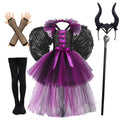 Halloween Girls Deluxe Purple Trailing Mesh Dress Kids Evil Queen Witch Cosplay Costume for Carnival Party Fancy Dress Up
