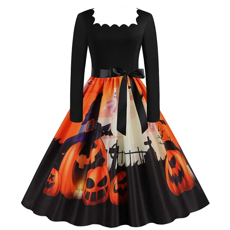Halloween Dress For Women Square Collar Long Sleeve Print Vintage Evening Party Elegant Autumn Winter Midi Sundress