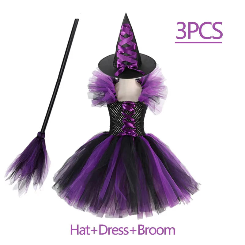 Kids Girls Witch Halloween Costume 3 Color Tulle Tutu Dress With Pointed Witch Hat Children Carnival Party Cosplay Fancy Outfit