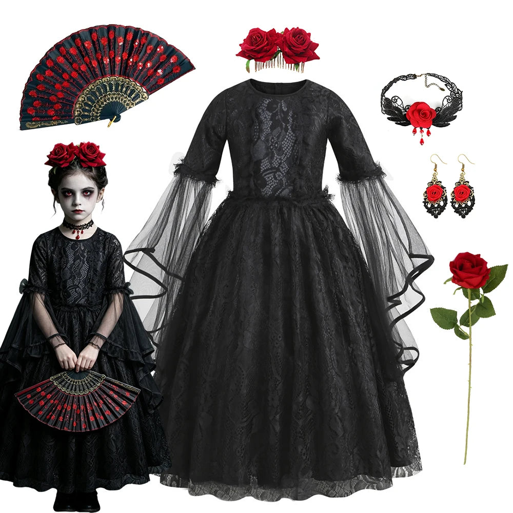 Girls Gothic Vampire Halloween Costume Black Lace Long Dress Rose Hair Jewelry Fan Set Kids Dark Queen Carnival Cosplay Outfit